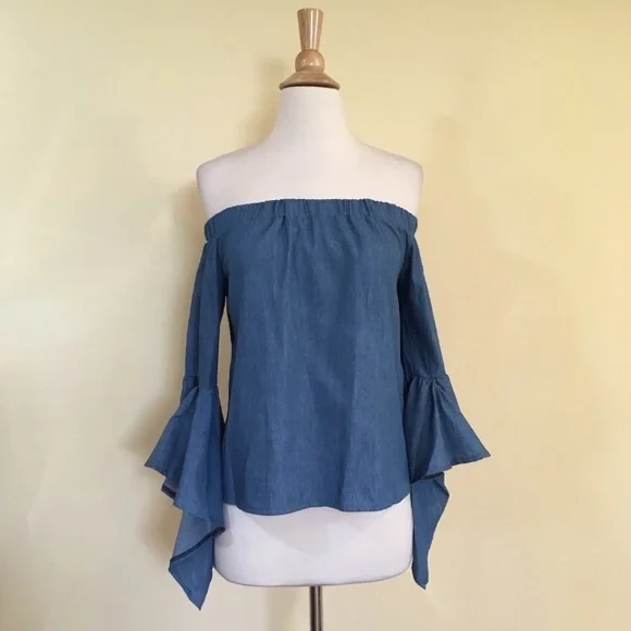 Off Shoulder Ruffled Bell Sleeve Chambray Top - Picture 5 of 7